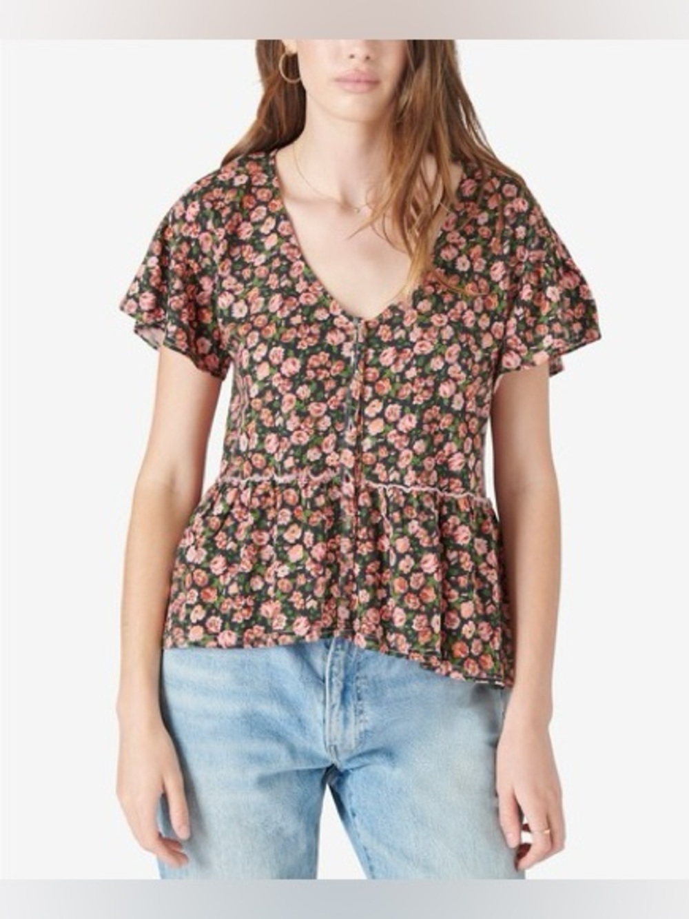 Lucky Brand Floral Button Up Babydoll Top NWT L